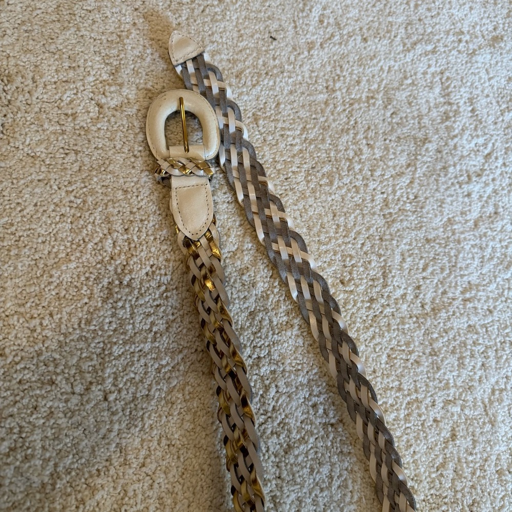 Genuine Leather Women’s Woven Belt, Size M, Gold/White, Vintage